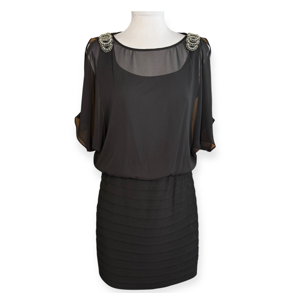 R&M Richards Black Dress Size 6 Sheer Sleeve Embellished Shoulder Cocktail Party